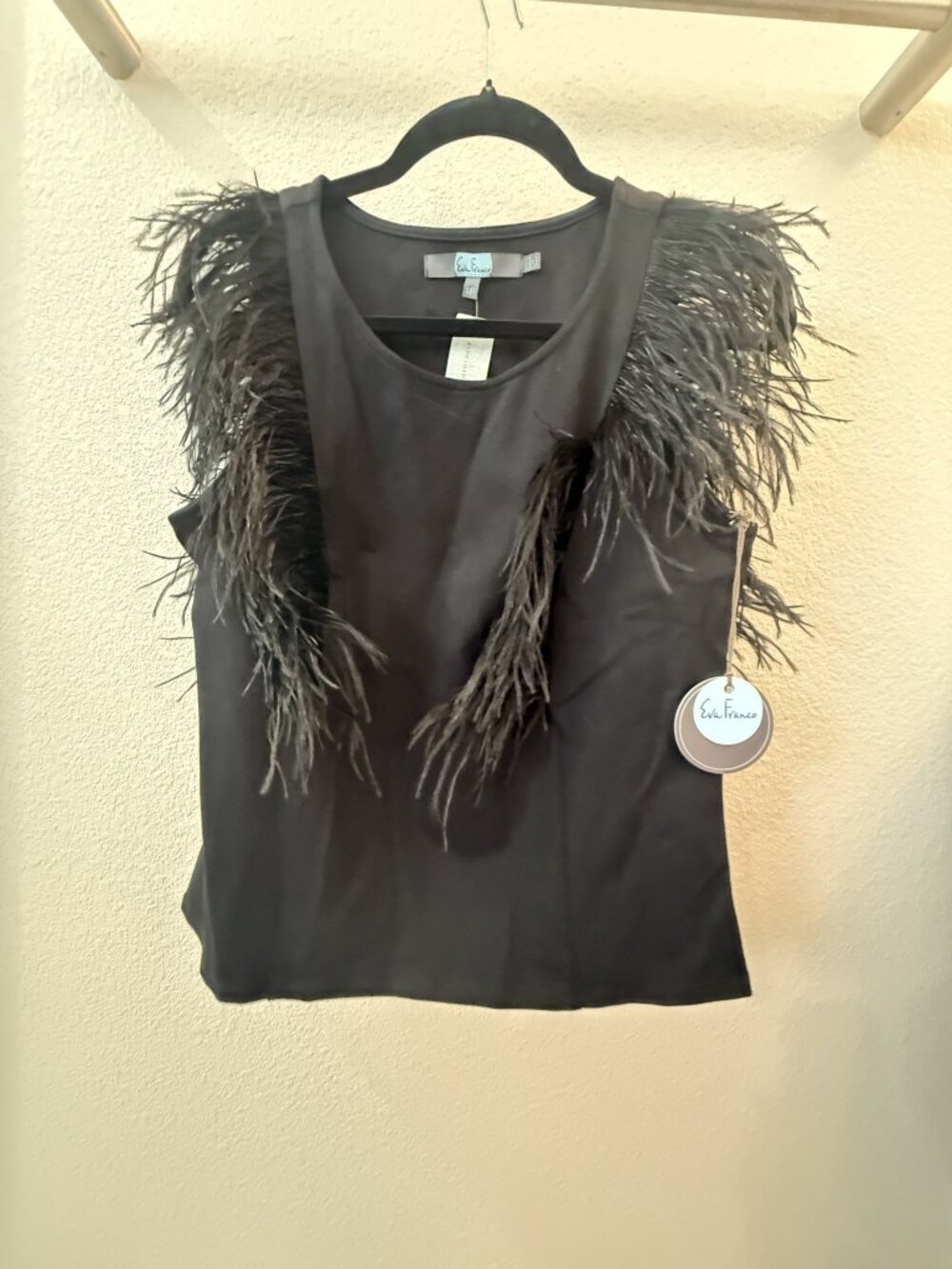NWT Eva Franco Black Feather Trim Top Medium Petite